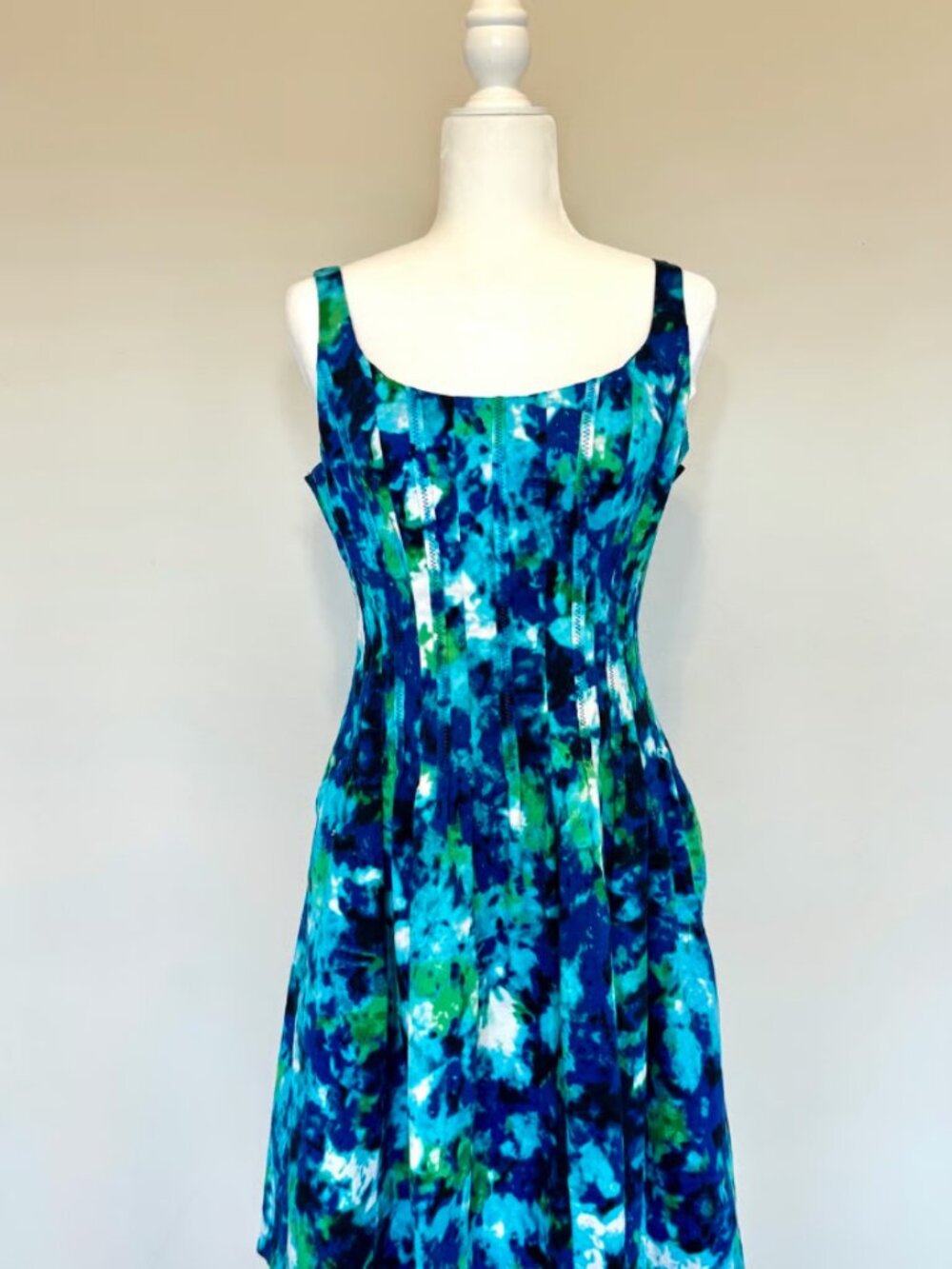 Vintage Jones New York Structured Cotton Corset Dress Watercolor Blue Green
